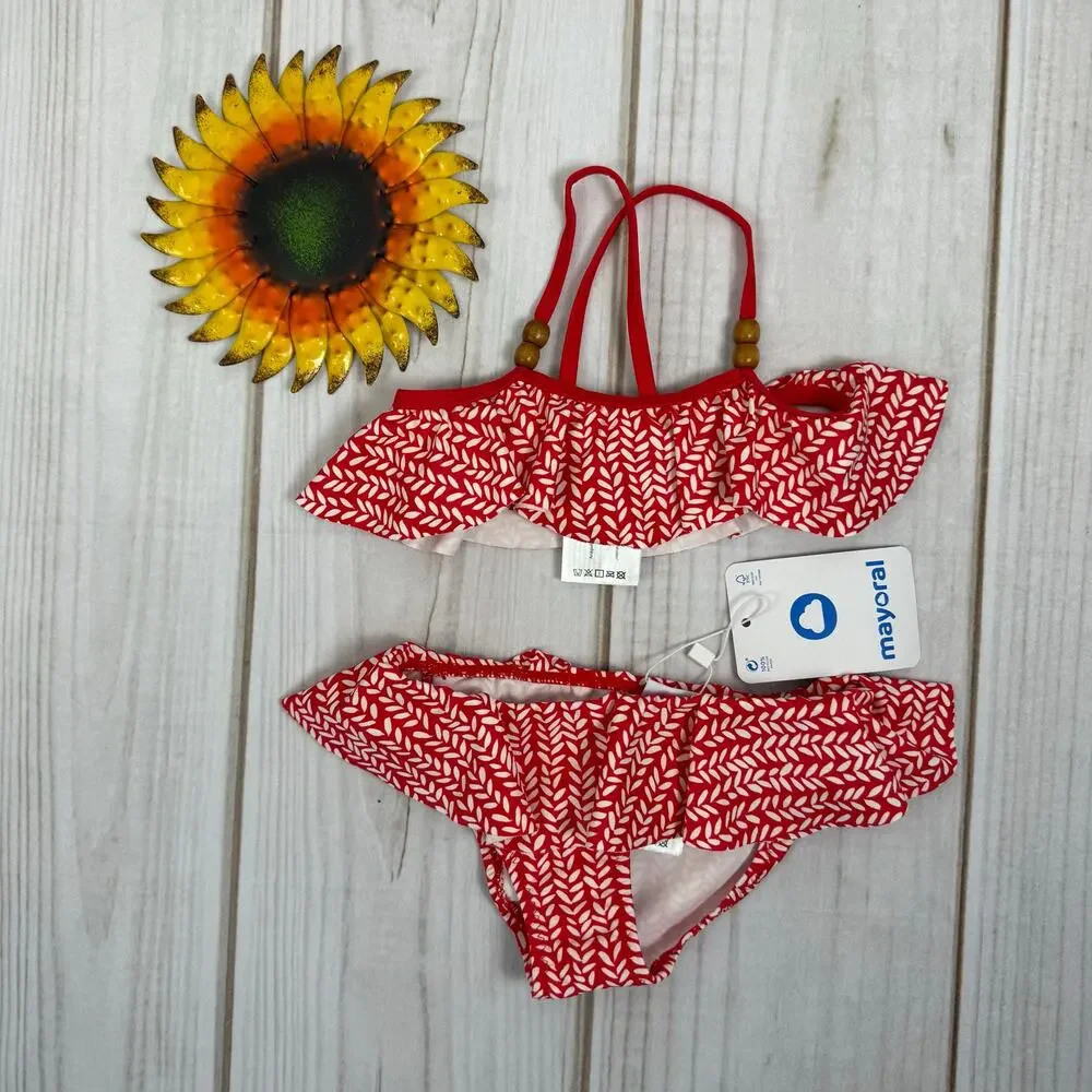 Mayoral Girls Swimsuit Size 2 Red‎ Grenadine Ruffle Two Piece